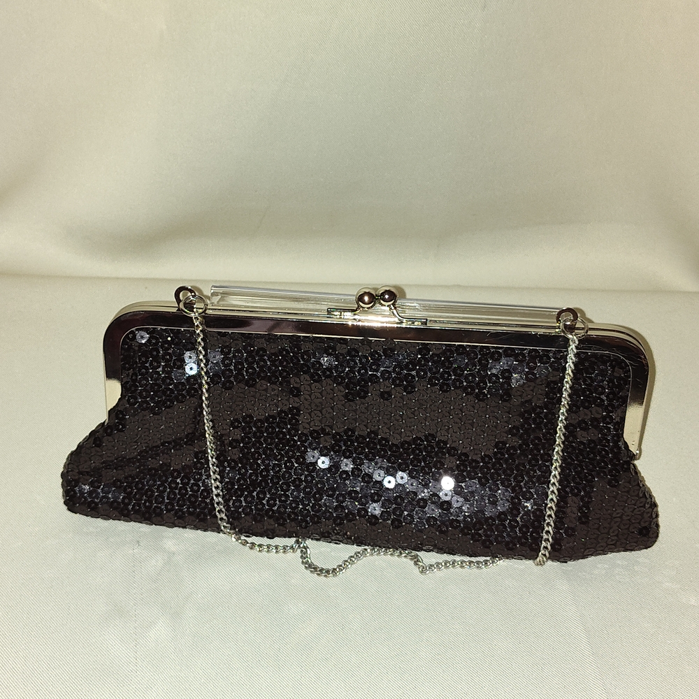 Ann Taylor Black Sequin Clutch with Silver Chain
